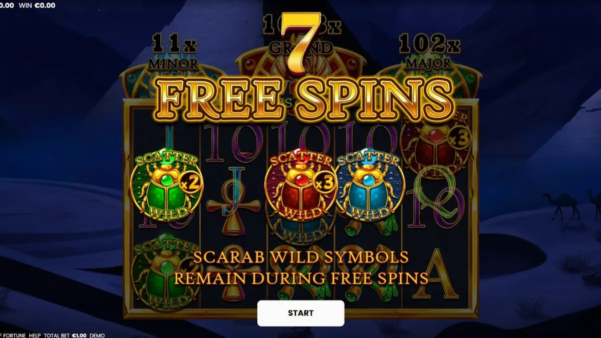 Tampilan visual slot 3 Scarabs of Fortune dengan latar belakang piramida Mesir