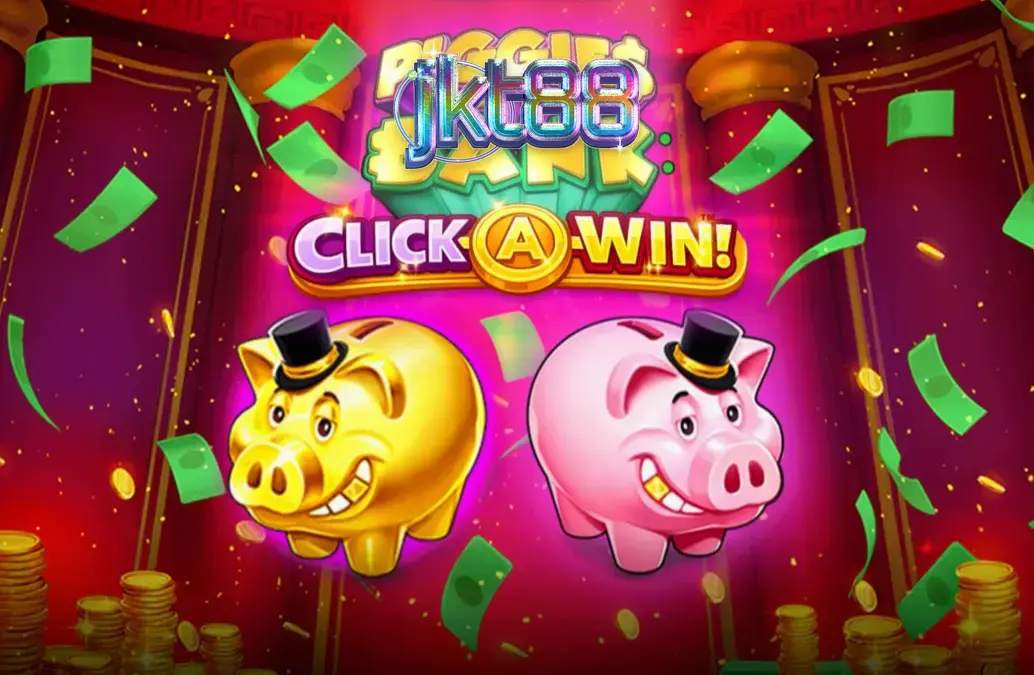 Piggies and the Bank: Click-A-Win slot machine interface featuring a dapper piggy bank and vault theme